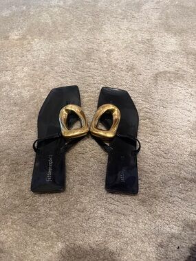 Jeffrey Campbell Black Slide Sandals with Gold Sculpted Accent. Size 9